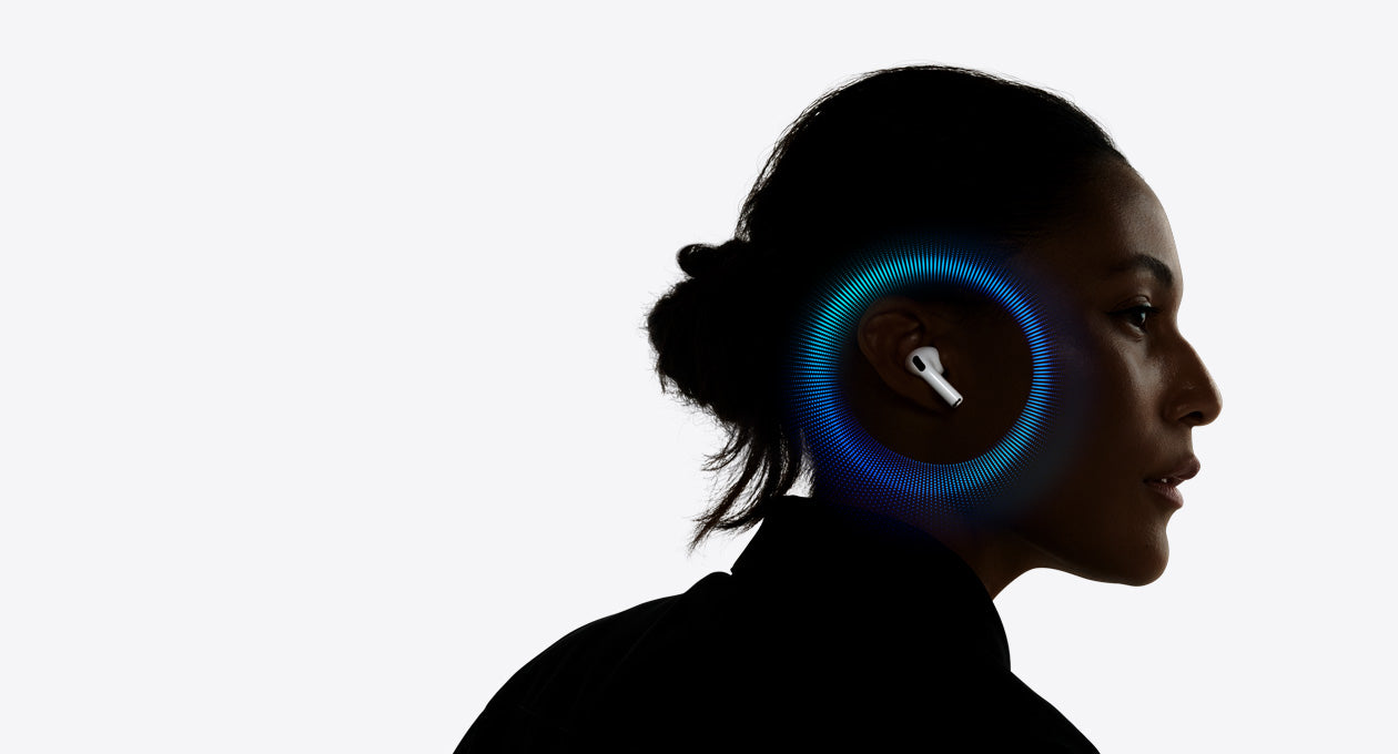 A person wearing AirPods Pro 3, pulsating waves around their ear, animation