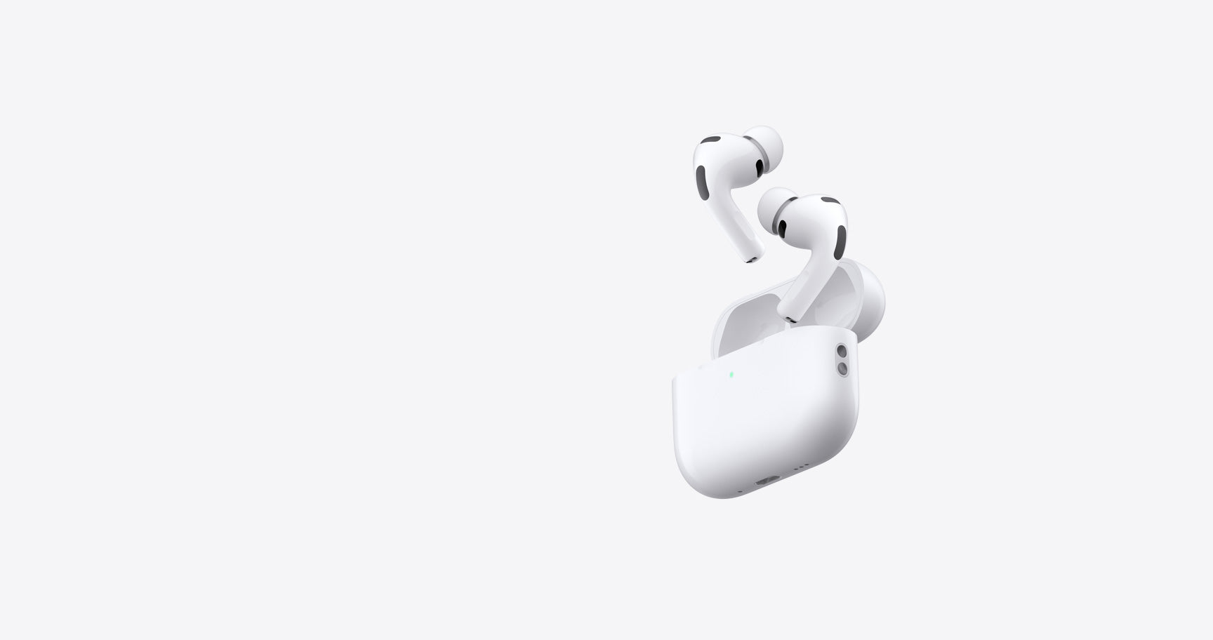 AirPods Pro 3 and MagSafe Charging Case (USB-C), rounded case exterior, LED power indicator, case lid open, white color, wireless headphones with silicone tips, noise-cancelling microphones, animation