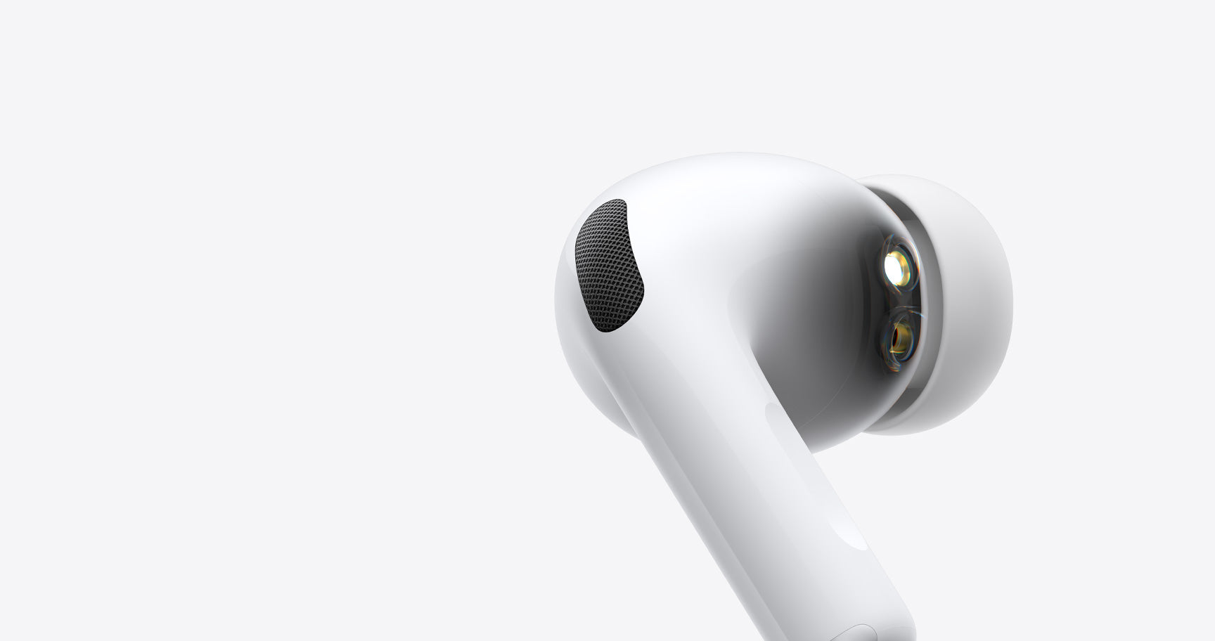 AirPods Pro 3, wireless headphone, white color, side exterior, heart rate sensor, noise-cancelling microphone, silicone tip, animation
