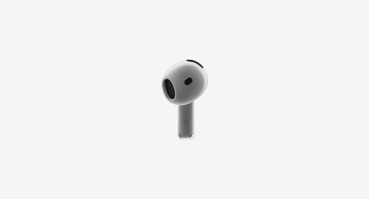 The H2 chip highlighted inside the stem of an AirPods 4.